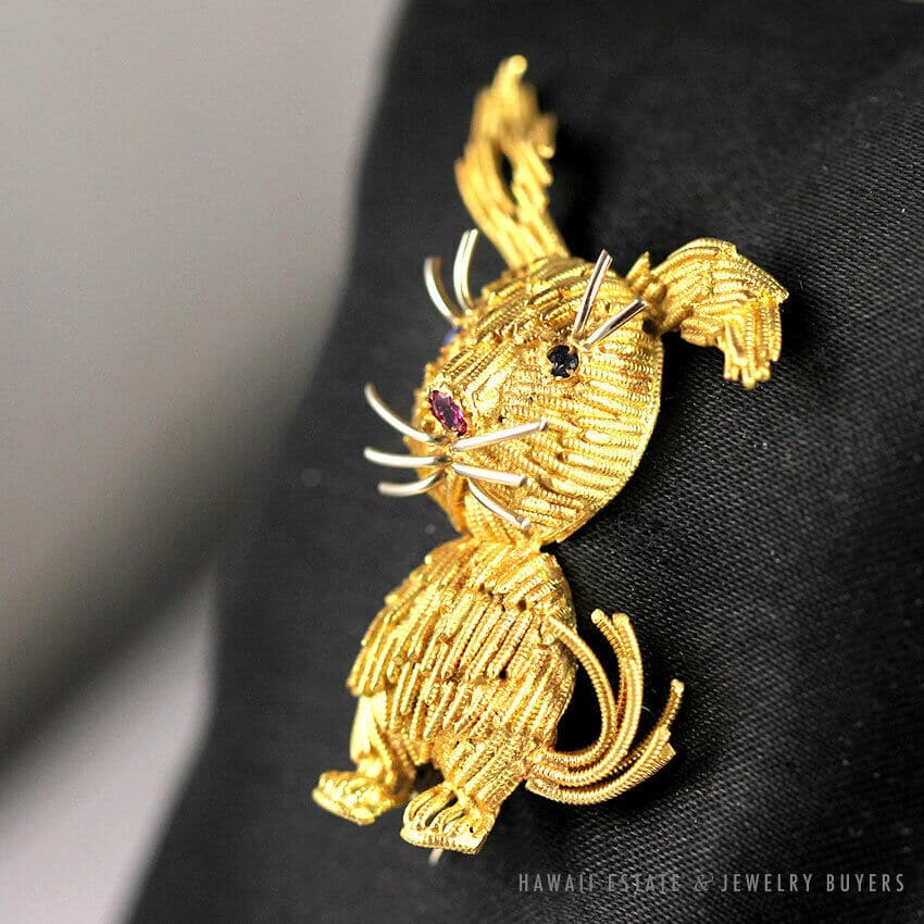 Vintage Designer Sapphire Ruby 18K Yellow Gold Wire Rabbit