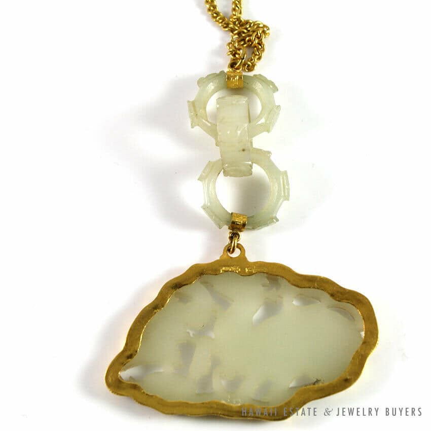 Important 19C White Mutton Fat Jade Pendant & Devil's Work 14K