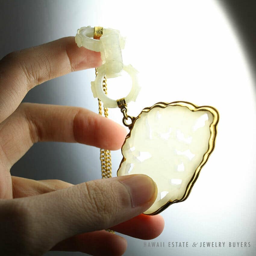 Important 19C White Mutton Fat Jade Pendant & Devil's Work 14K